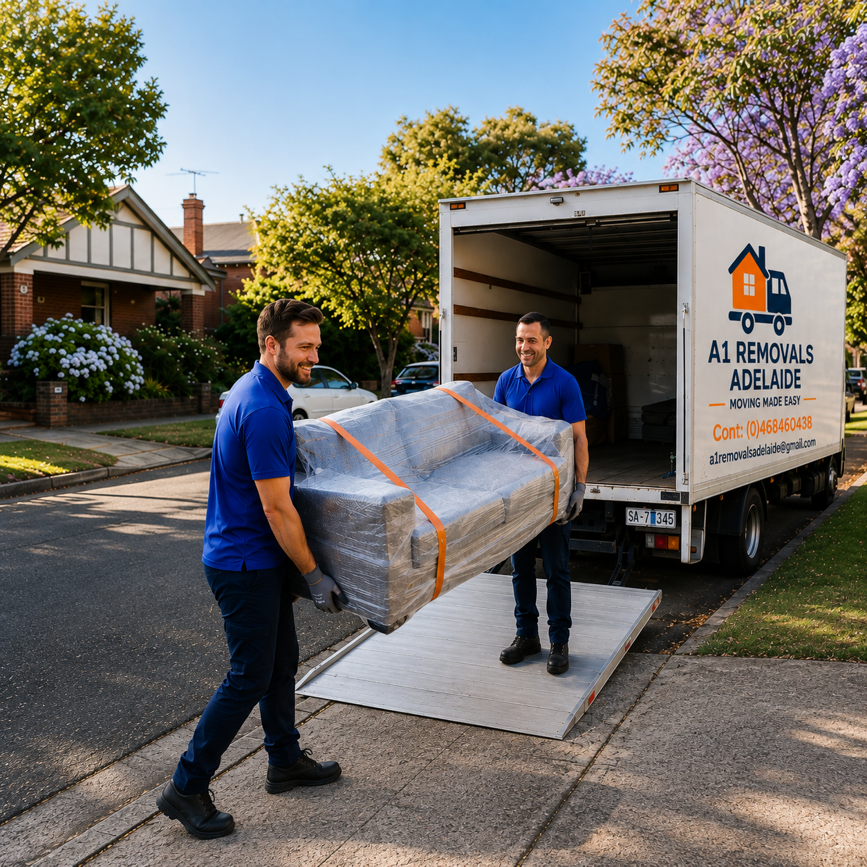 Two professional movers in navy uniforms loading a wrapped sofa into a moving truck on an Adelaide street