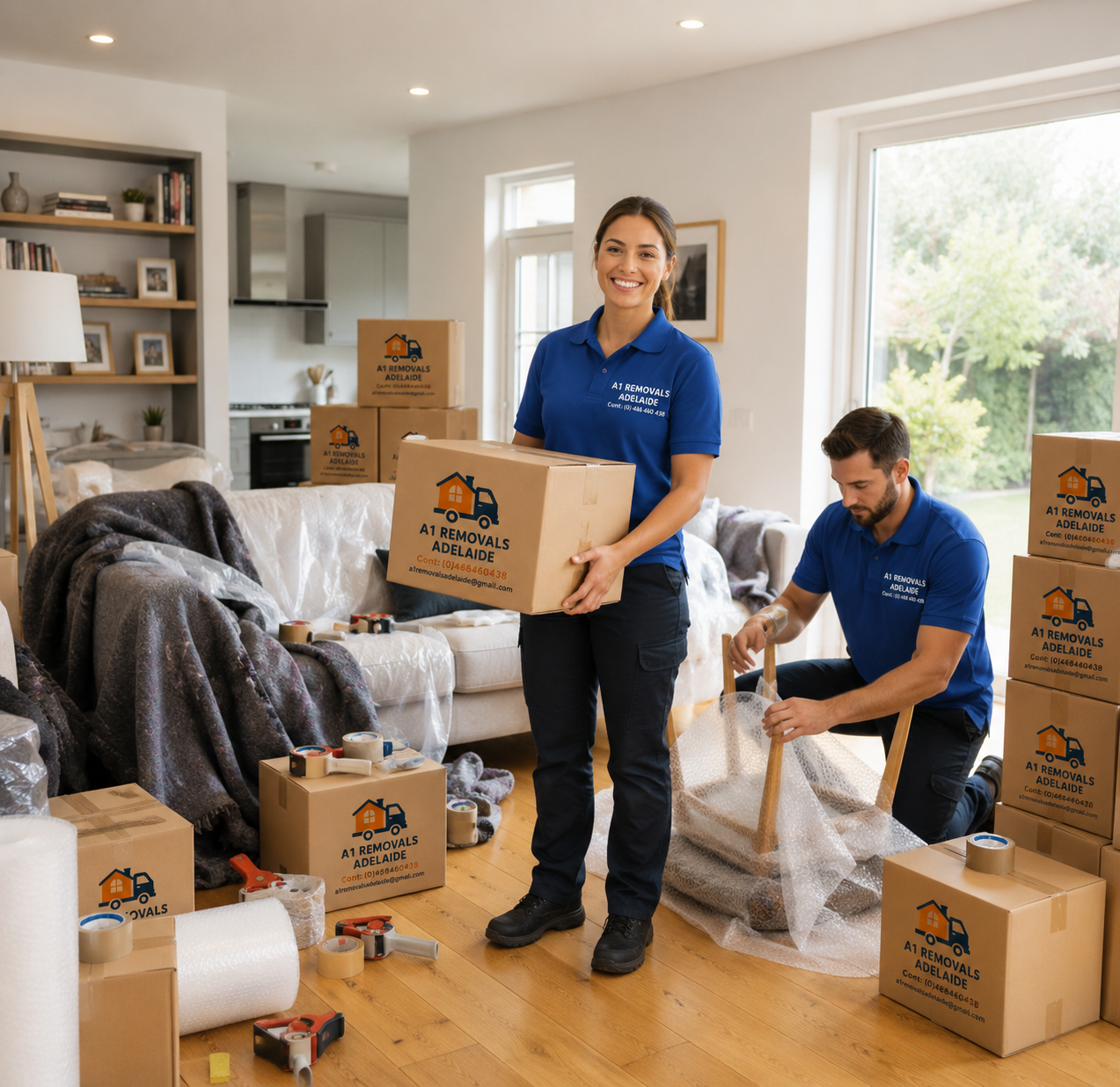 A friendly moving team carefully packing labelled boxes and wrapping furniture inside a bright home